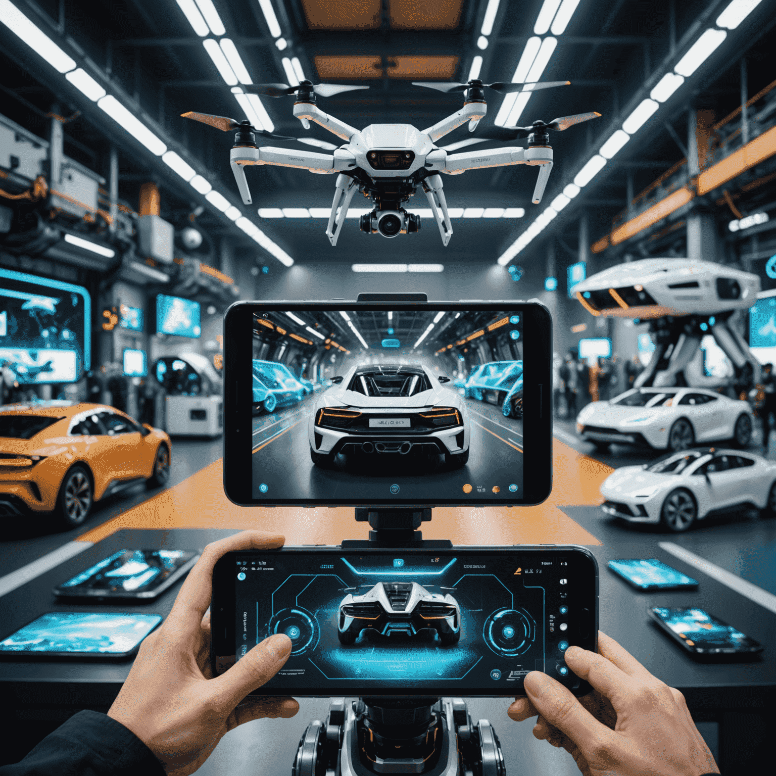 Kuva, jossa näkyy uusimpia teknologialaitteita ja -innovaatioita. Etualalla on älypuhelin, jossa on hologramminen näyttö, ja taustalla näkyy robotteja ja lentäviä autoja.
